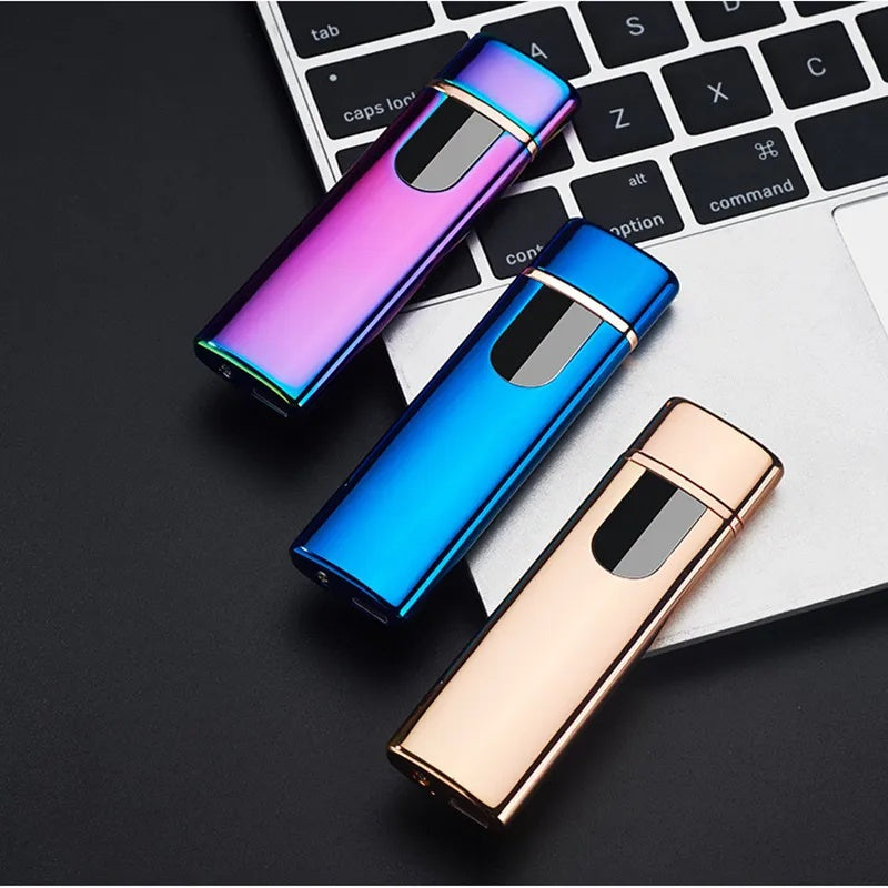 Isqueiro Eletrônico Touch USB Anti-Vento: compacto, elegante e recarregável. Com design moderno, é resistente ao vento, ideal para todas as situações. Prático e durável, possui indicativo de carga LED
