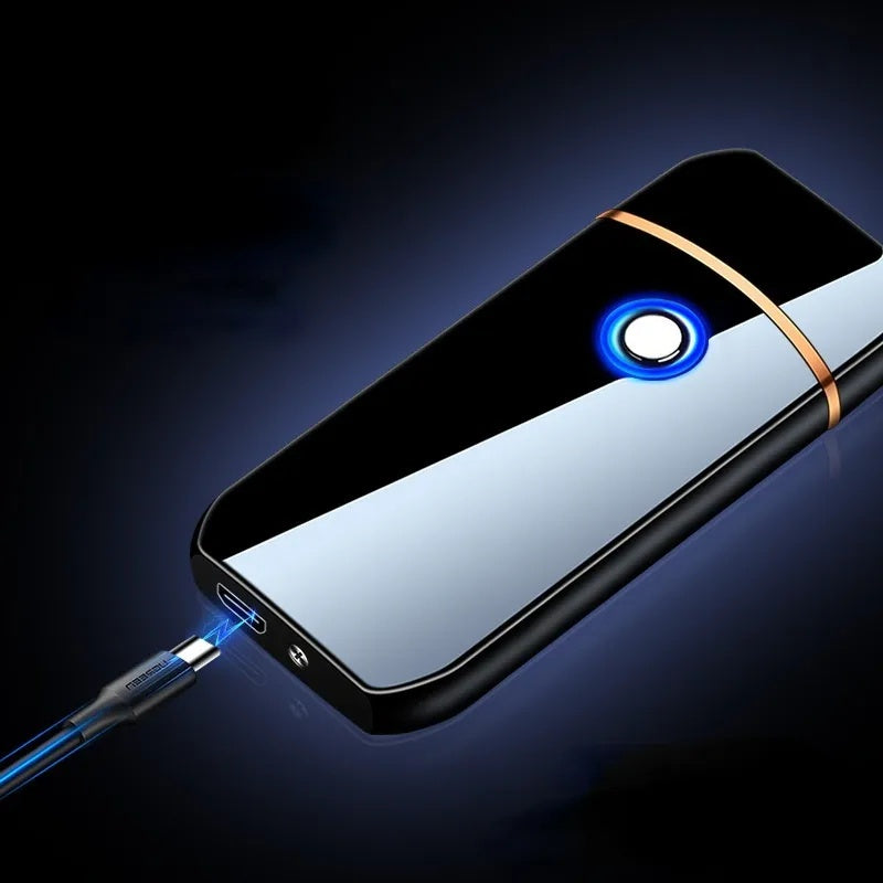 Isqueiro Eletrônico Touch USB Anti-Vento: compacto, elegante e recarregável. Com design moderno, é resistente ao vento, ideal para todas as situações. Prático e durável, possui indicativo de carga LED