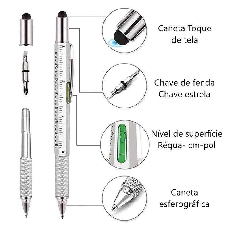 Caneta Ferramentas 7 em 1 - Chave de Fenda Estrela Régua Nível Caneta Touch - Coisa de Outro Mundo